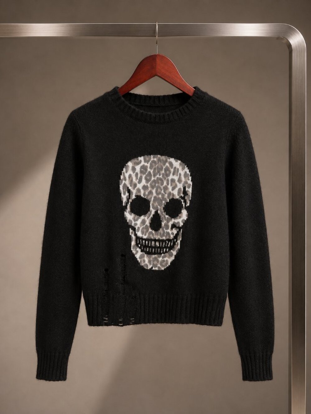 Skull Cashmere Leopard Skull Intarsia Sweater Black Distressed Crewneck XS